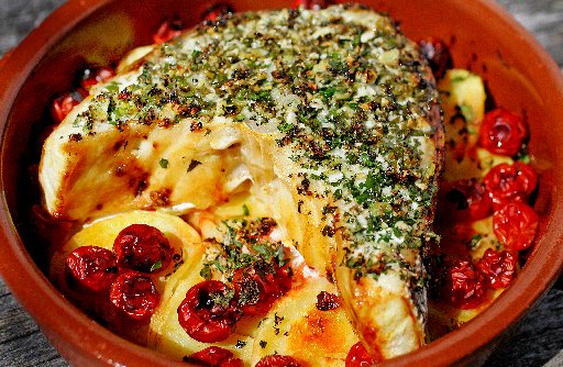 Baked Groper on Potatoes with Tomatoes