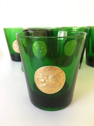 Vintage Byrrh Thuir French Vermouth Glasses - Green w Gold Lion Seal