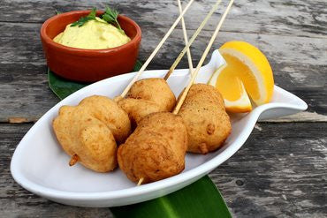 Coconut Battered Fish and Banana Kebabs  with Curry Dipping Sauce