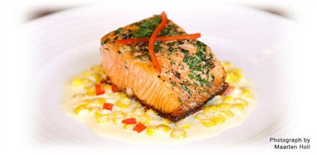 HERB AND PEPPER CRUSTED SALMON WITH CREAMED SWEET CORN