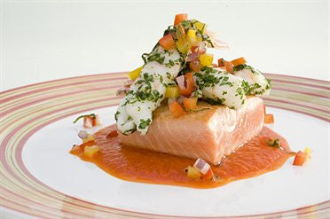 King Salmon with Sweet Pepper Sauce and Scampi Tails 