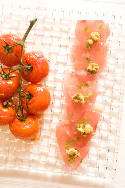 Tuna Carpaccio with Green Olive Paste and Roasted Vine Tomatoes