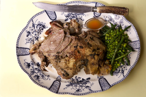 Baked Leg of Lamb with Hummus and Au Jus