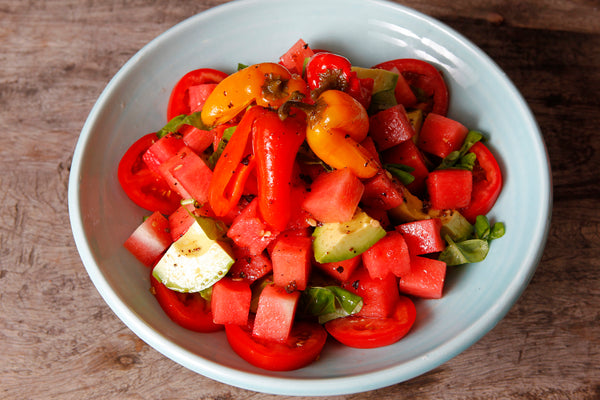 Watermelon, Tomato and Avocado Salad and Gin Dressing