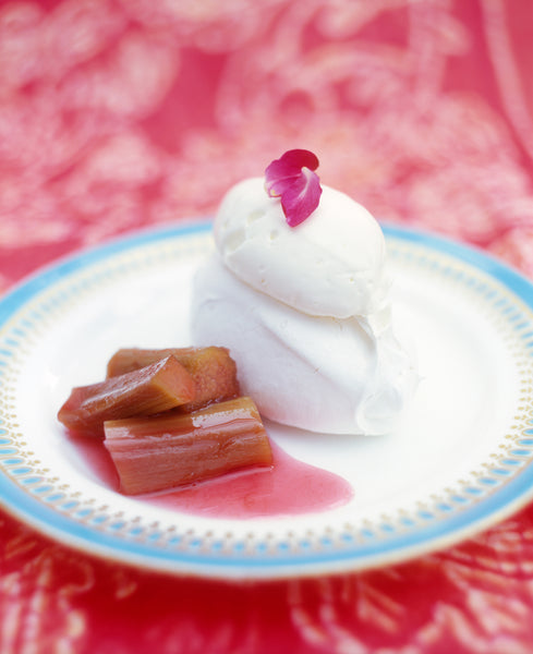Baked Rhubarb and Rose Geranium Compote with Little Pavlovas