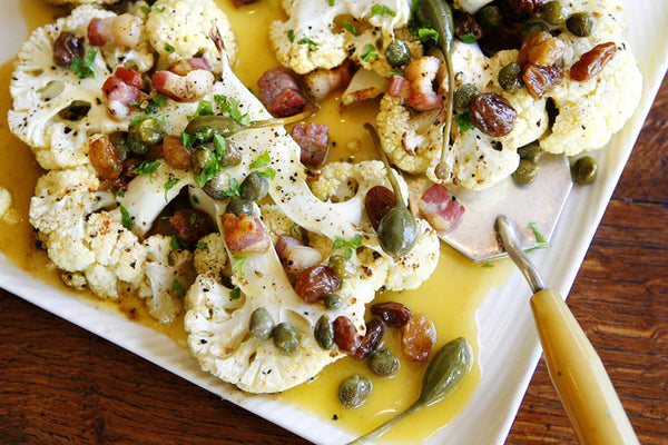Roasted Cauliflower with Pancetta and Caper Berries