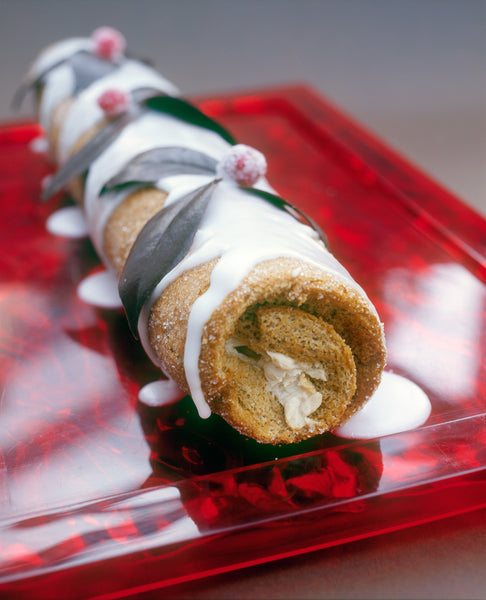 Gingerbread Roll with Rum Butter Sauce, Apricot Compote, Chocolate Leaves and Crystallised Cranberries