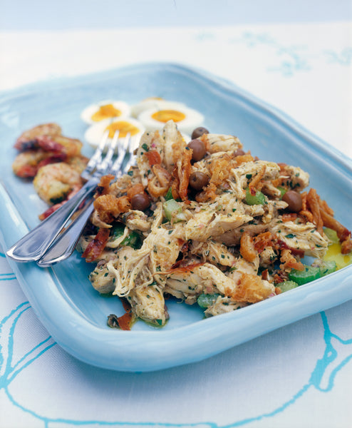 Chicken and Tarragon Salad with Soft-Boiled Eggs, Herbed Prawns and Capers