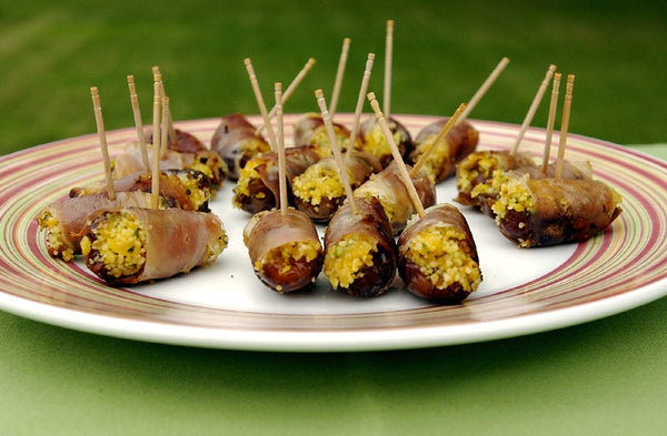 Prosciutto Wrapped Dates Stuffed with Preserved Lemon Couscous