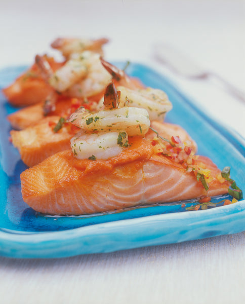Salmon Fillets with Sweet Red Pepper Sauce and Herbed Prawns
