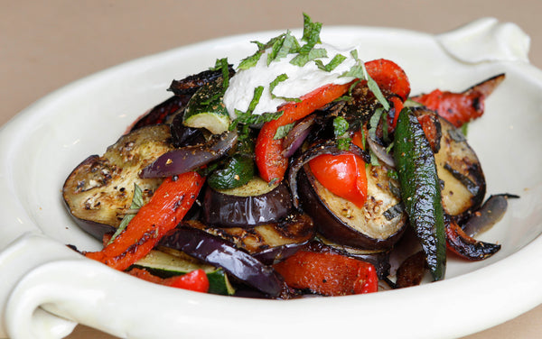 Barbecued Spiced Zucchini, Eggplant and Red Pepper Salad with Tahini Sauce
