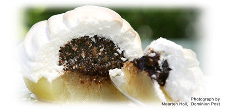 BAKED PEARS IN VERJUICE WITH CHOCOLATE FRANGIPANE AND MERINGUE