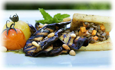 BARBECUED BLUE RIVER MONOWAI HALLOUMI WTH MINTED EGGPLANT, SALSA VERDE AND HERBED GREEN LENTILS