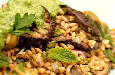 Barley, Roasted Eggplant and Green Olive Salad with Rocket Pesto
