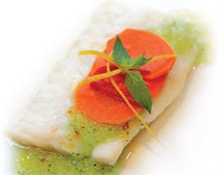 Blue Cod with Minted Cucumber Sauce, Coriander and Carrot Pickle