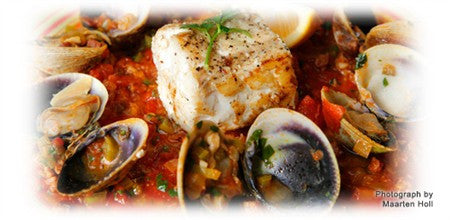 Grilled Groper Fillet with Steamed Clams, Chorizo and Tomato Ragout