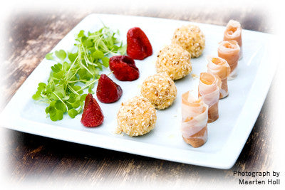 LABANE BALLS WITH ROASTED BALSAMIC STRAWBERRIES AND PROSCIUTTO