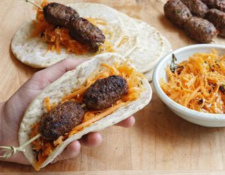 Lamb Meatballs with Carrot Sesame Salad, Barbecued Flatbread and Spiced Yoghurt 
