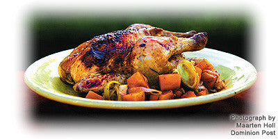 POUSSINS ON A BED OF PUMPKIN AND LEEKS WITH BALSAMIC VINEGAR