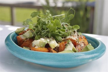 Roast Carrot and Avocado Salad with Citrus Sour Cream and Crunchy Seeds