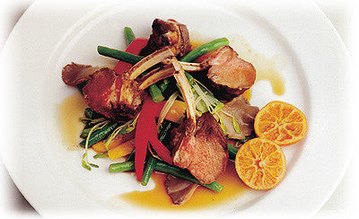 ROAST RACK OF LAMB WITH CHINESE FLAVOURS AND SPICED KUMQUATS