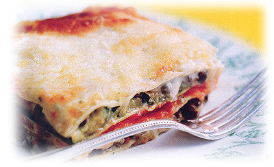 ROASTED EGGPLANT, RED PEPPER AND ZUCCHINI LASAGNE WITH PUY LENTILS