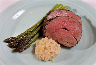 Roasted Farm Raised Venison with White Bean Garlic Dip