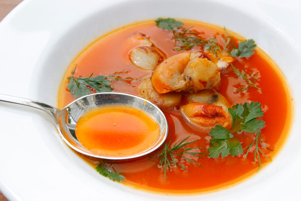 Carrot Soup with Scallops and Herb Leaves
