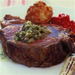Standing Rib Roast of Beef, Roasted Garlic Yorkshire Puddings, Caperberry Vinaigrette and Beetroot Horseradish 